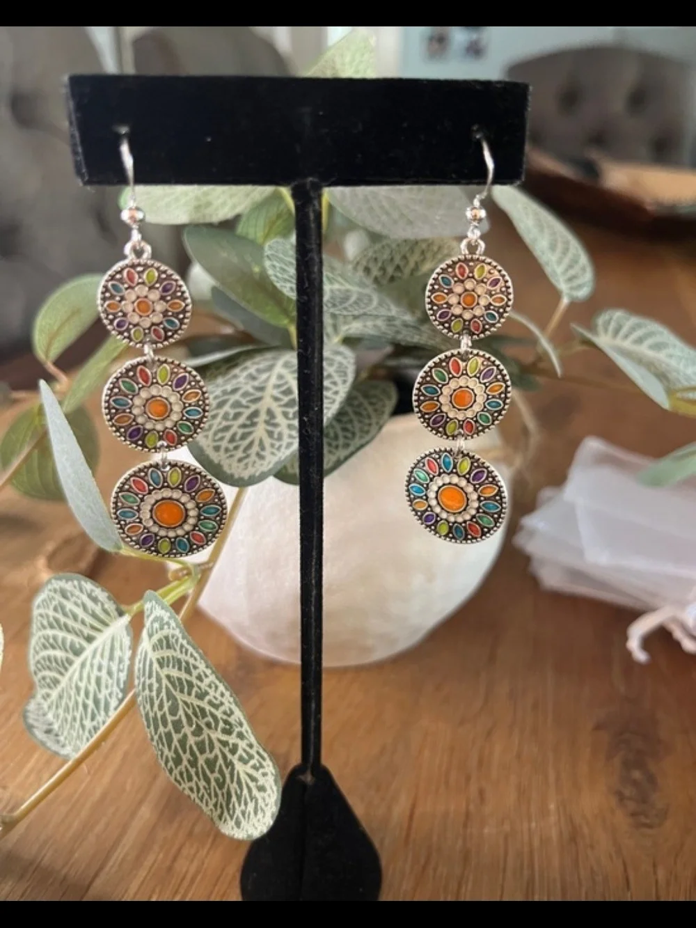 Colorful Multi-Disc Dangle Earrings - Vibrant Multicolor Enamel